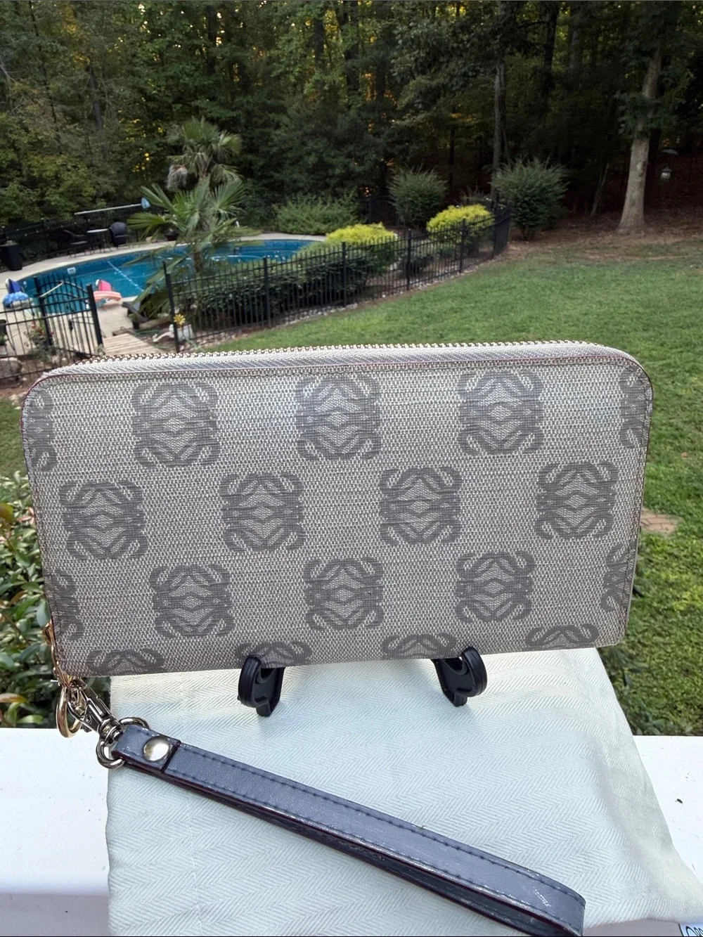 Loewe Vintage Beige and Gray Monogram Zip-Around Logo Wristlet Wallet